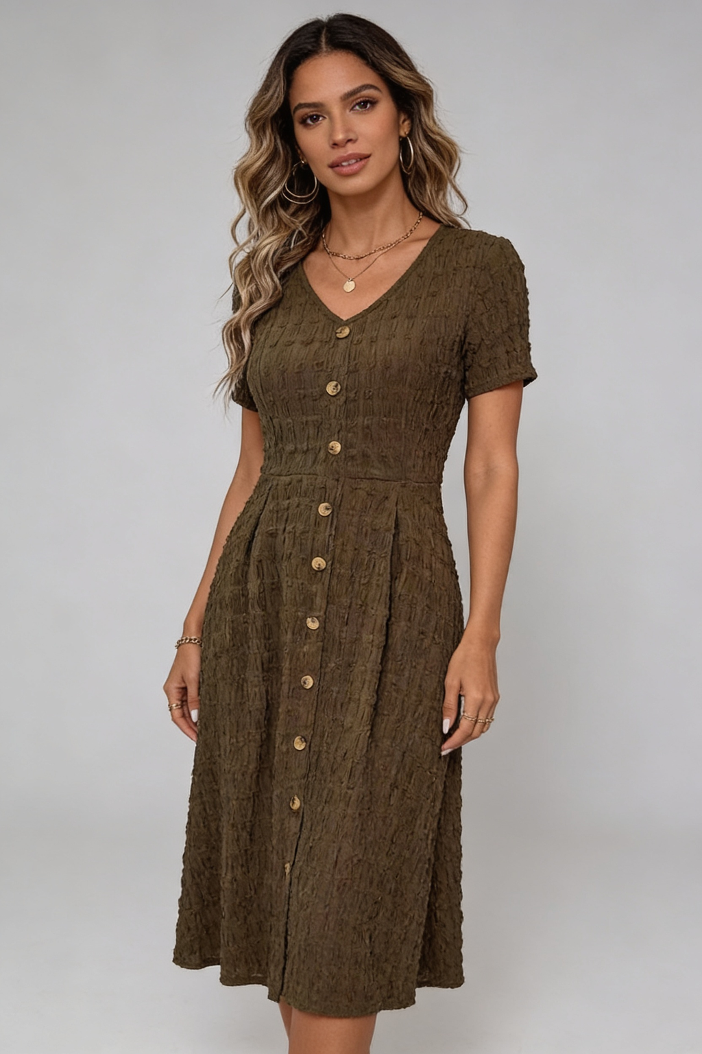 Casual Brown Textured Midi Dress