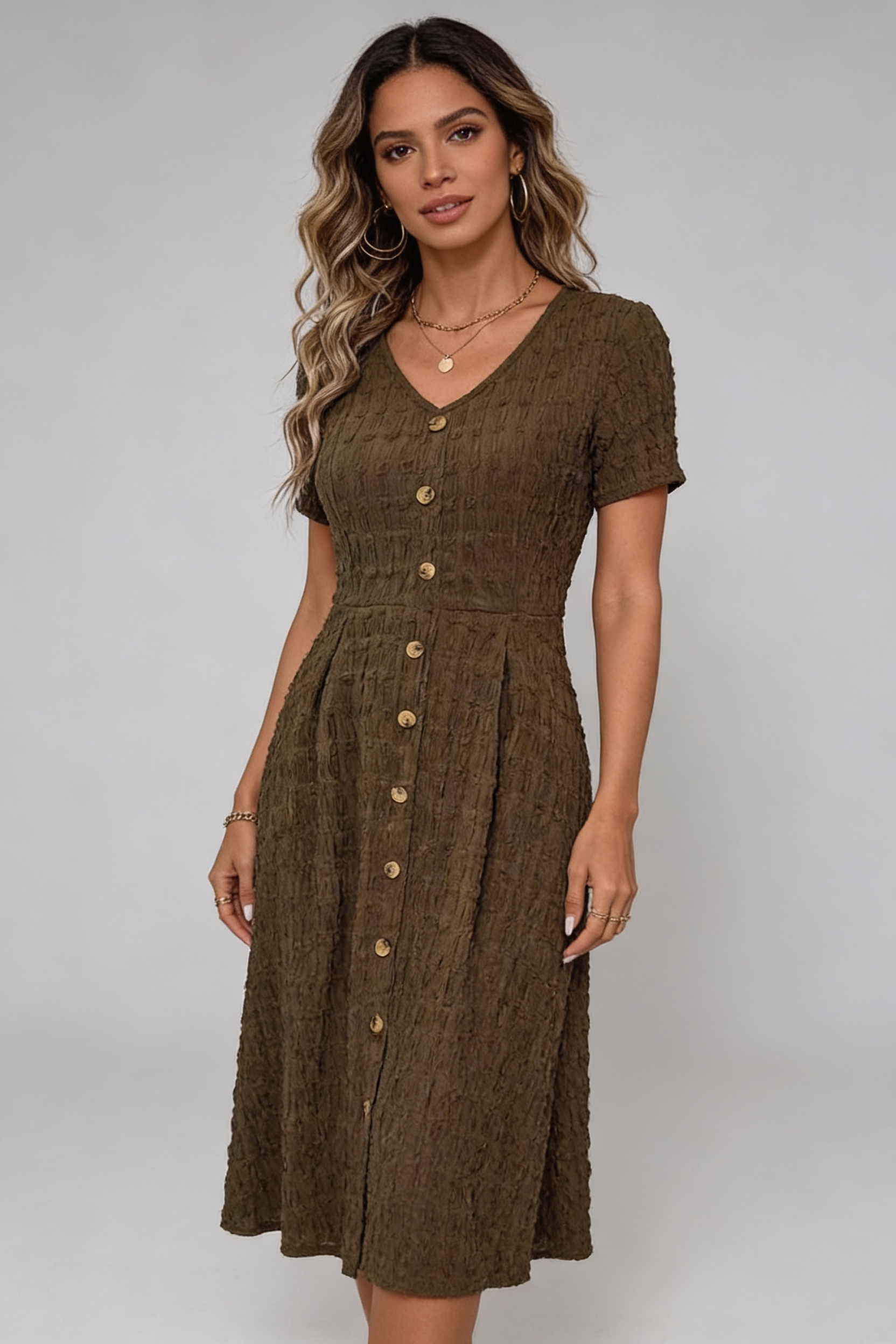 Casual Brown Textured Midi Dress