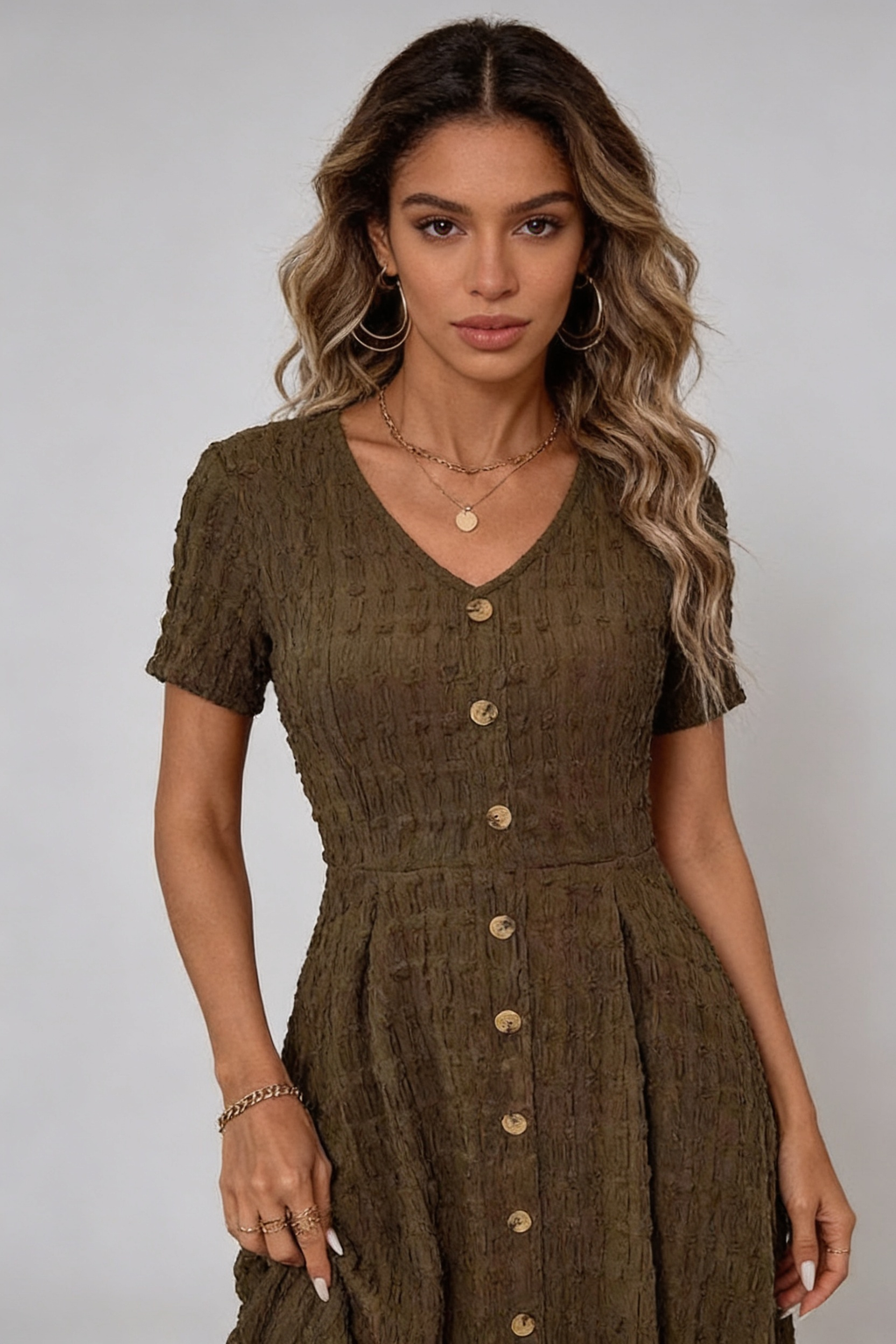Casual Brown Textured Midi Dress