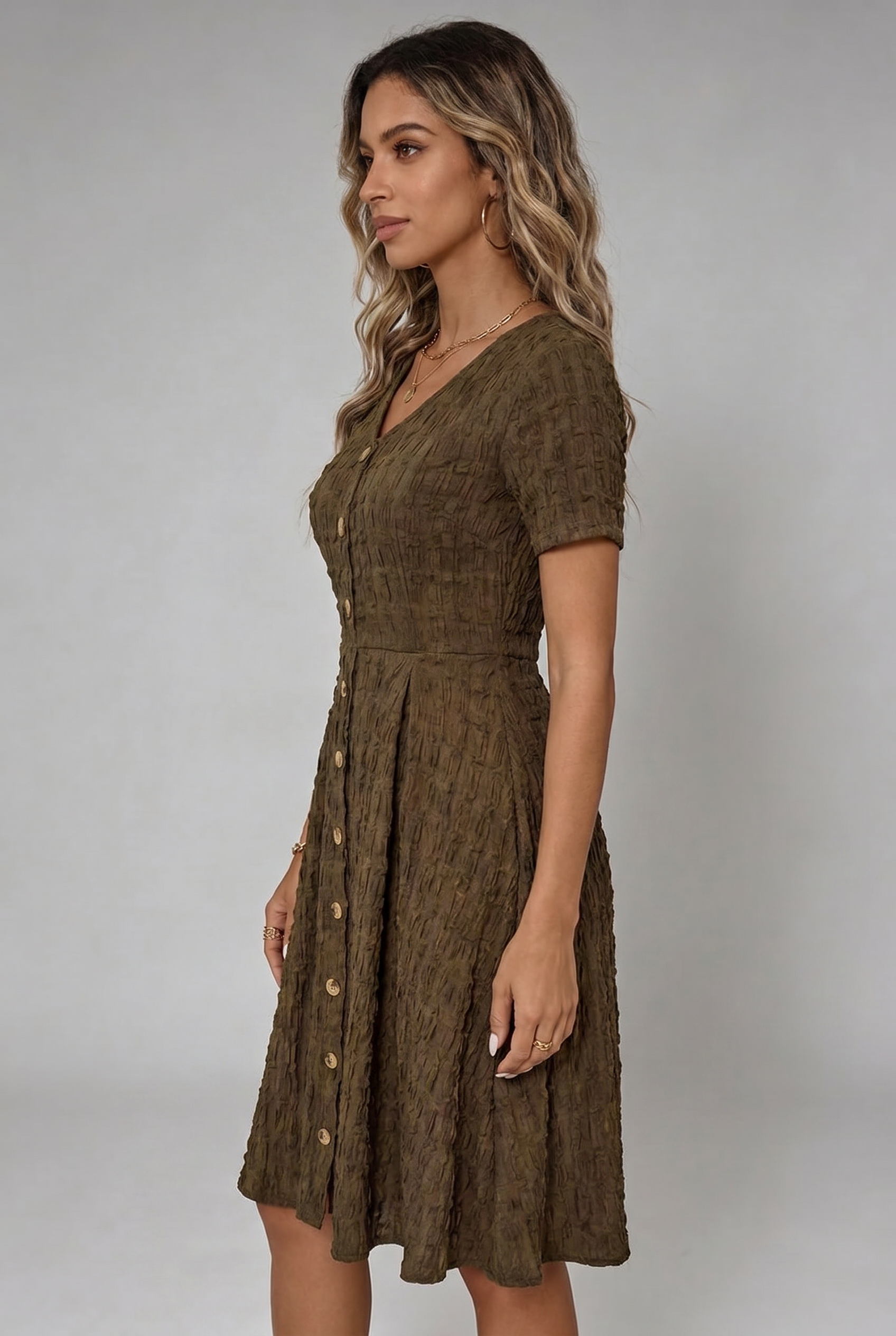 Casual Brown Textured Midi Dress